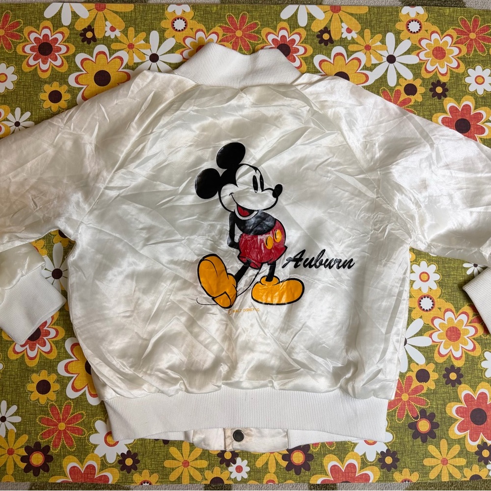 Kid's Vintage 1980s Chalk Line Mickey Mouse White Satin Bomber Jacket Size 5